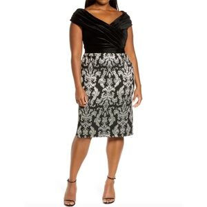 Tadashi Shoji Bali Jacquard Metallic Velvet Off Shoulder Sheath Dress